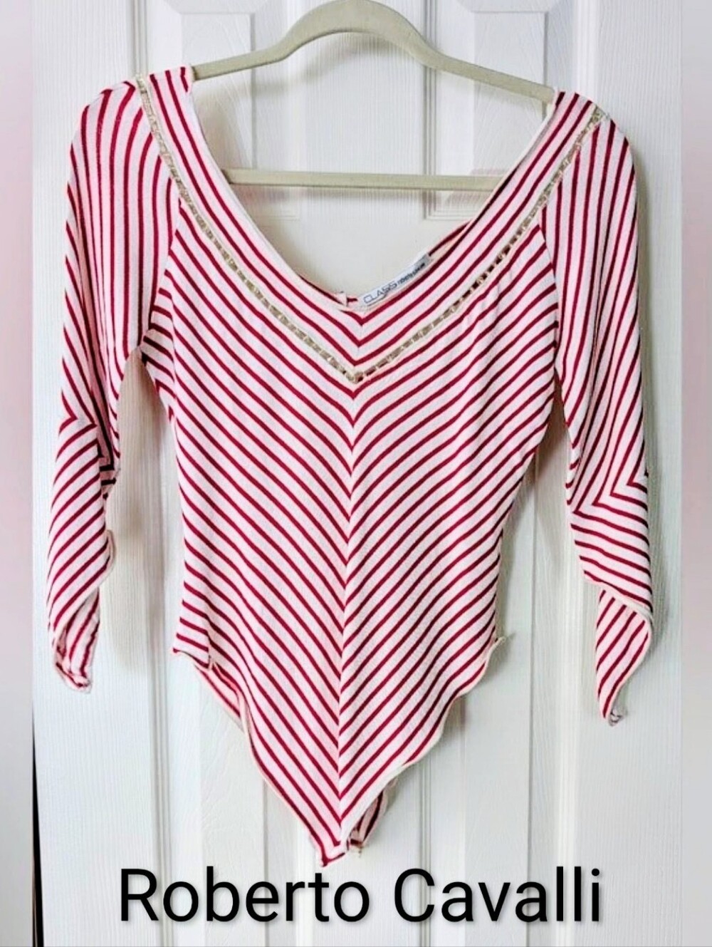 LIKE NEW CLASS By Roberto Cavalli Red & White Stripe Top w Beaded Accents Sz 42